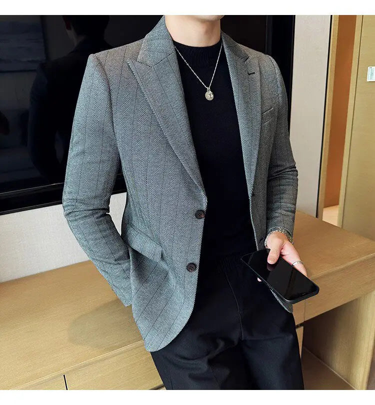 Men's Herringbone Stripe Suit Blazer Classic Lapel Dress Jacket Elegant Slim Fit Fashion Simple Casual Business Prom Suit Jacket