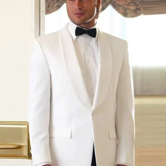 2 Pieces Ivory Men's Groom Tuxedos Shawl Lapel One Button Blazer Black Pants Business Tuxedo Formal Suit for Men Jacket Trousers