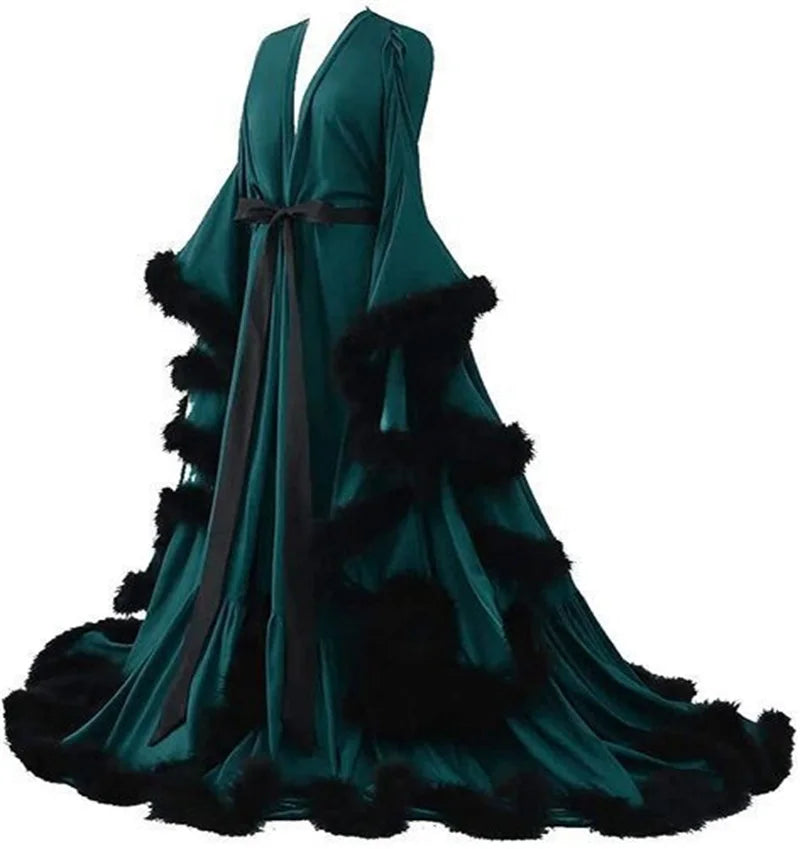 Feather Satin Women Prom Dress Sexy V Neck Full Sleeves Satin Wedding Sleepwear Evening Gown Customized Formal Bridal Robe
