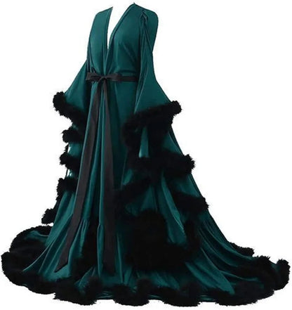 Feather Satin Women Prom Dress Sexy V Neck Full Sleeves Satin Wedding Sleepwear Evening Gown Customized Formal Bridal Robe