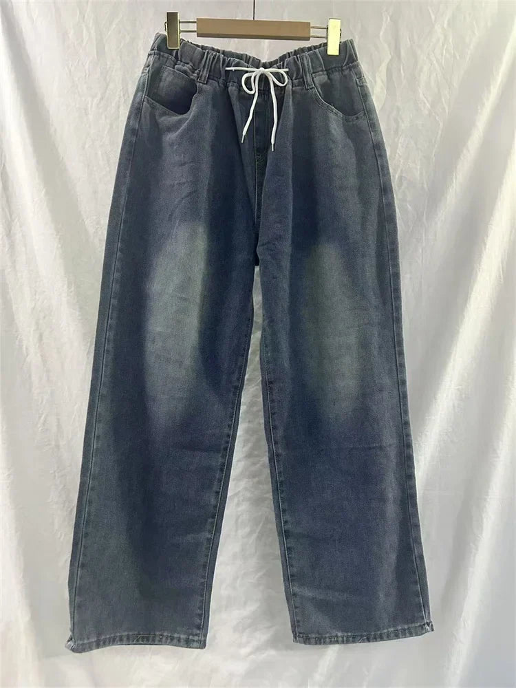 Elastic Waist High Waist Wide Leg Jeans for Women Loose Straight Blue Long Denim Pants Female Fashion Streetwear Jeans