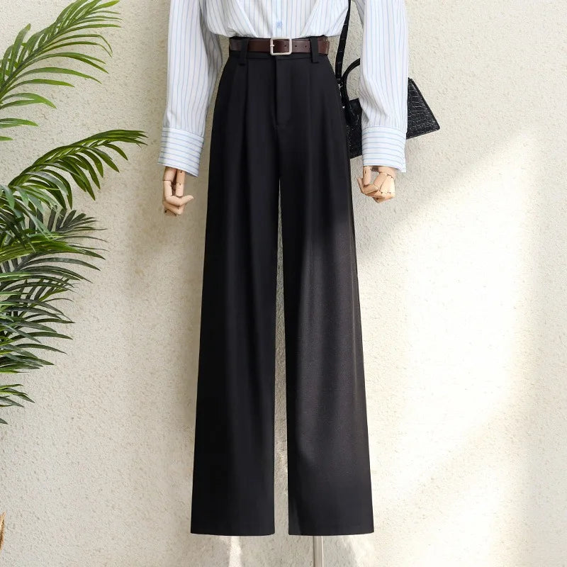 2026 New Burgundy Suits Pants for Women Office Lady Elegant High Waist Wide Leg Fashion Trousers with Pockets Black Gray