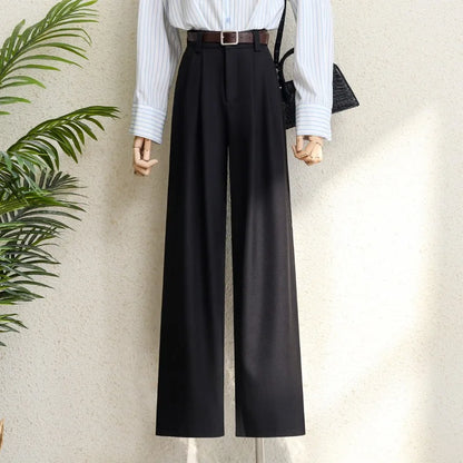 2026 New Burgundy Suits Pants for Women Office Lady Elegant High Waist Wide Leg Fashion Trousers with Pockets Black Gray