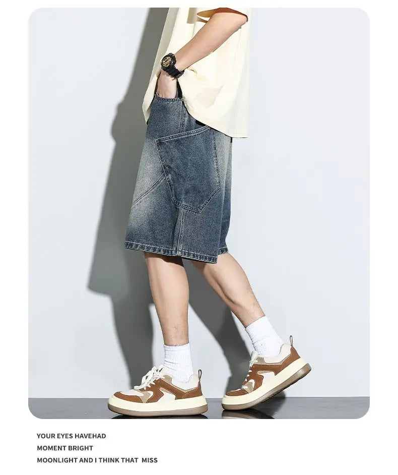 Summer New Baggy Denim Shorts Fashion Casual Straight Harajuku Jeans Male Vintage Wash Drawstring Short Pants Streetwear