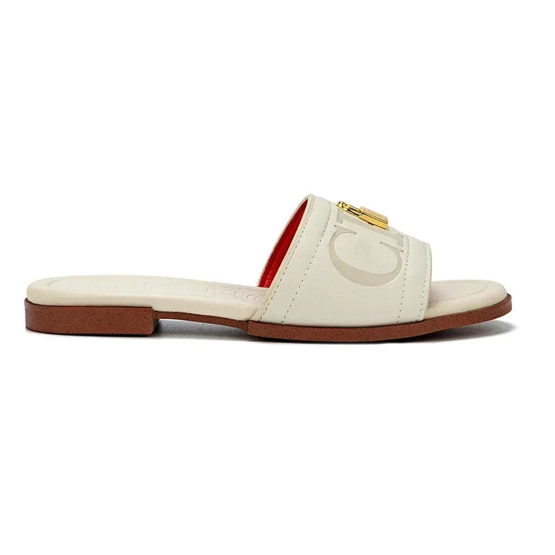 Fashion Monogram Print Elegant Design Women's Low Heeled Slippers Solid Color High Quality Metal Lock Simple Single Shoes