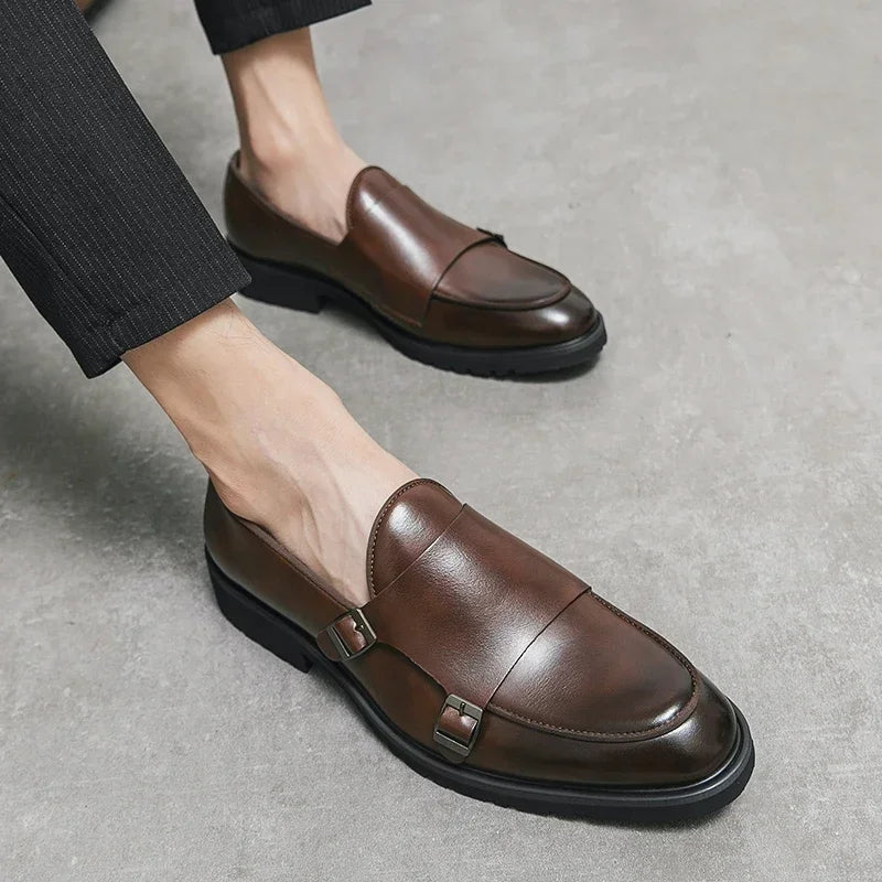 Men Fashion Formal Handmade Monk Shoes Derby  Dress Leather Gentleman Double Buckles Monk Shoes Pointed Wedding Shoes 2024