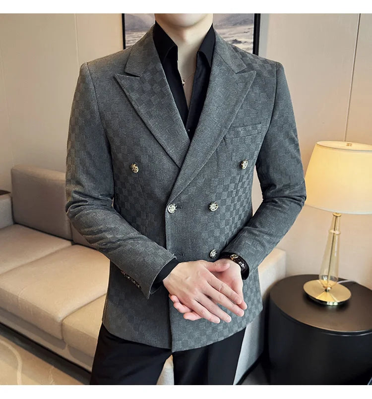 6 Color Luxury Double Breasted Blazers Coats 2024 New Fashion Checkered Business Slim Fit Social   Formal Suit Jacket 5XL-M