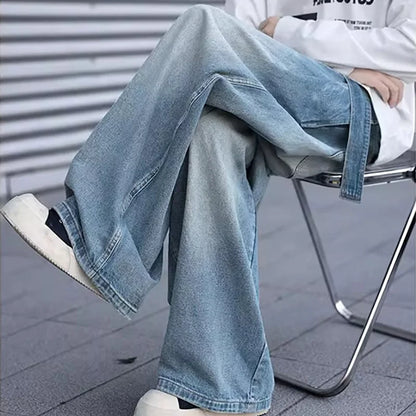 Korean Style Design Belt Jeans Men'S Casual Loose Retro Blue Straight Leg Pants High Street Wide Leg Pants