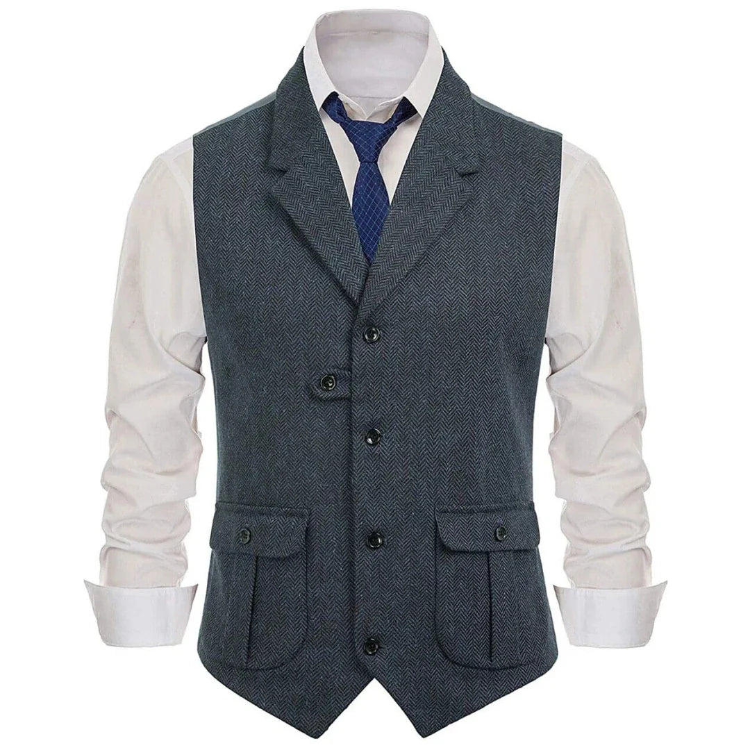 Men Vest Khaki Herringbone Single Button With Lapel Waistcoats For Wedding Banquet Business Office Work Daily Men Suit Vest