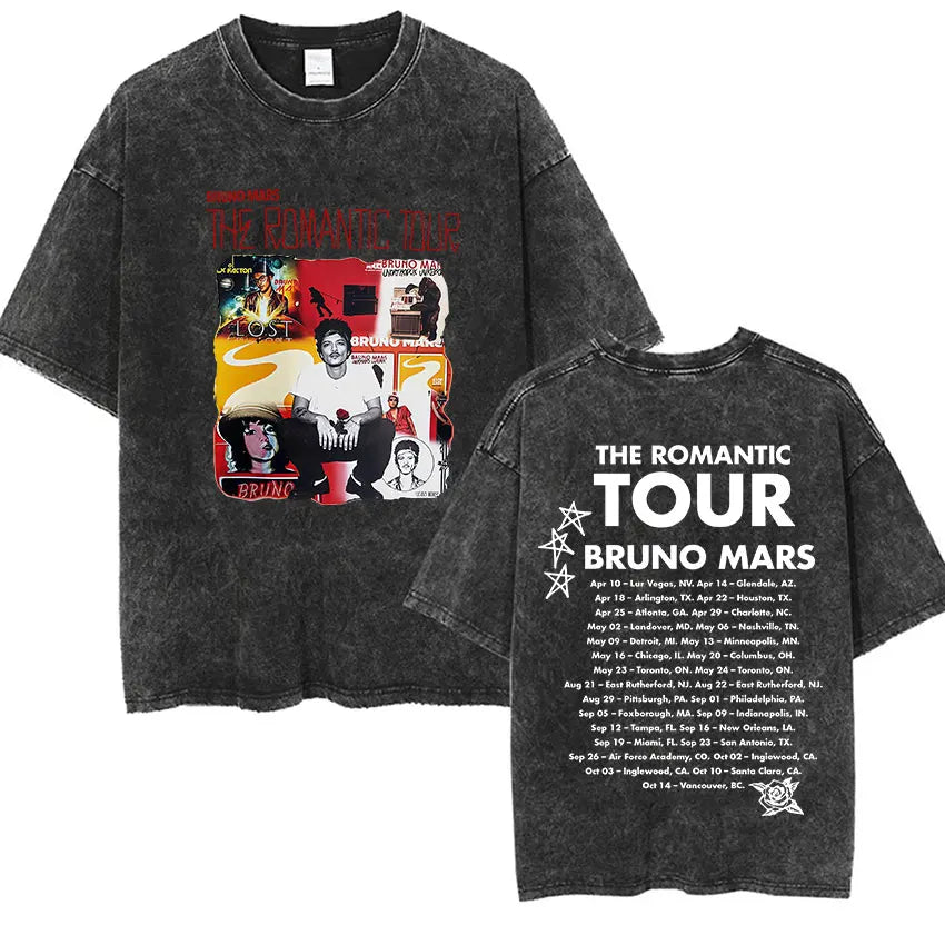Bruno Mars The Romantic Tour 2026 Vintage Washed T Shirts Men's Women Punk Gothic Fashion Cotton Short Sleeve T-Shirt Streetwear