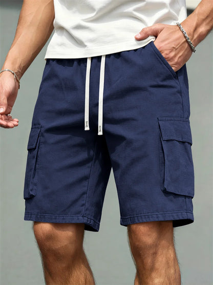 Men's Loose Polyester Straight-Leg Pants, Casual Multi-Pocket Work Shorts, High-End Men's Shorts, Drawstring Daily Work Shorts