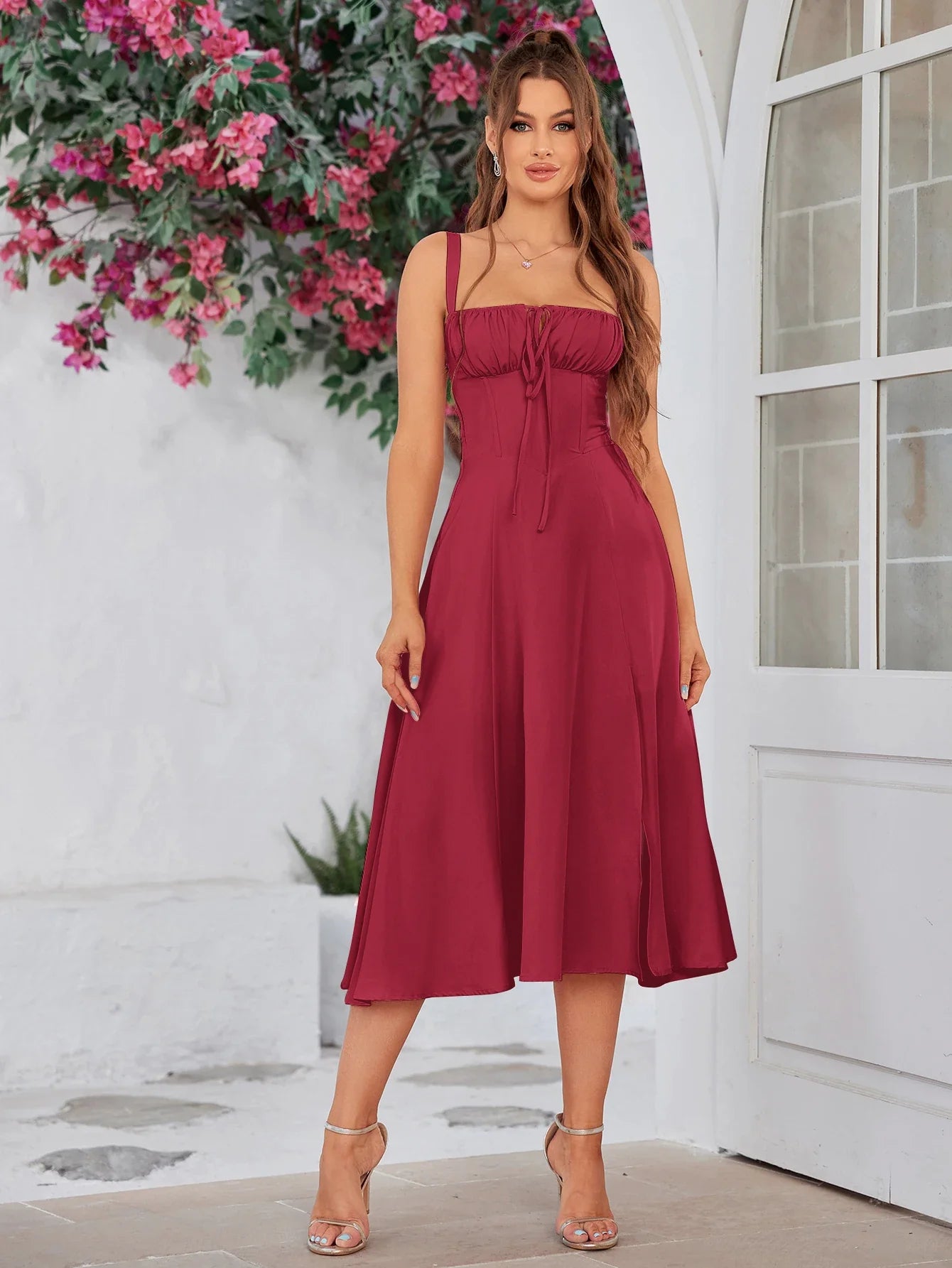 Summer Sweet Solid Sleeveless Long Dress Women Fashion Bandage Camisole Dresses Padded Boned Robe Elegant Party Vestidos