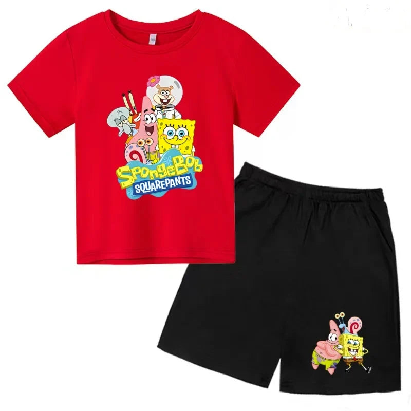 Kids Summer Anime SpongeBob SquarePants Fashion T-shirt 3-12 Years Boys Girls Toddler Short-sleeved+Shorts Casual Sportswear Set