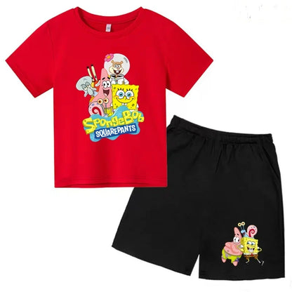 Kids Summer Anime SpongeBob SquarePants Fashion T-shirt 3-12 Years Boys Girls Toddler Short-sleeved+Shorts Casual Sportswear Set