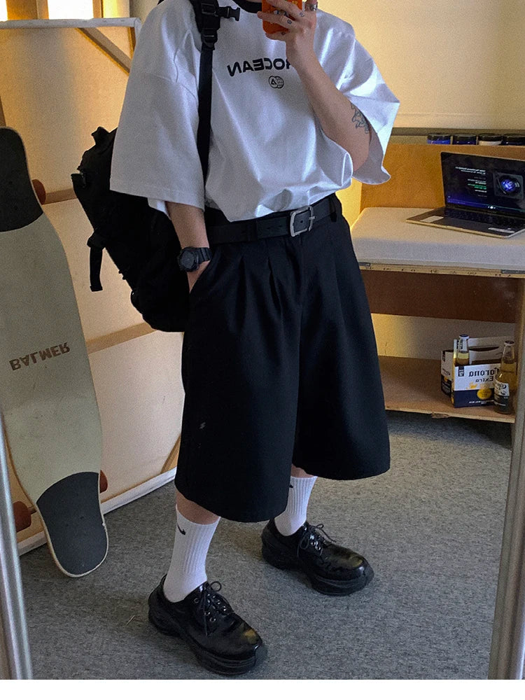 Spring Summer Loose Casual Soft Black Pleated Shorts for Men Mens with High Waist Short Straight Pants Clothes 2024