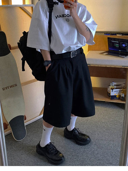Spring Summer Loose Casual Soft Black Pleated Shorts for Men Mens with High Waist Short Straight Pants Clothes 2024