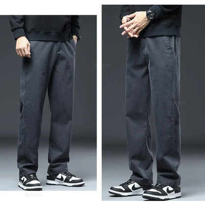 2025 New High Quality Soft Lyocell Fabric Jeans Men Elastic Waist Loose Straight Four Seasons Denim Trousers Male Plus Size 5XL