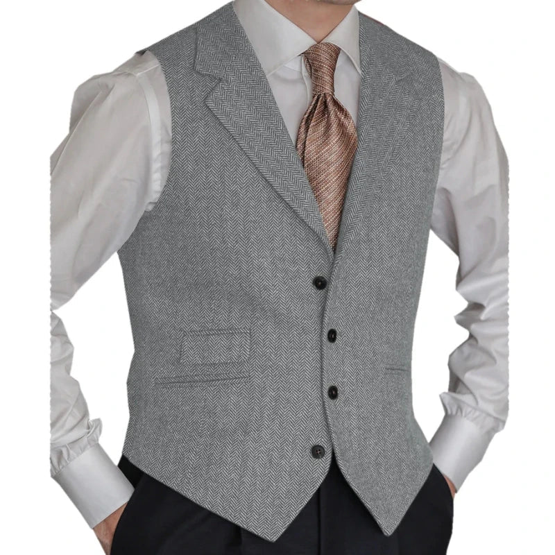 Men Vest Brown Classic Herringbone Pattern Suit Vest Notch Lapel Waistcoat Slim Formal For Wedding Groomsmen Banquet Men Suit