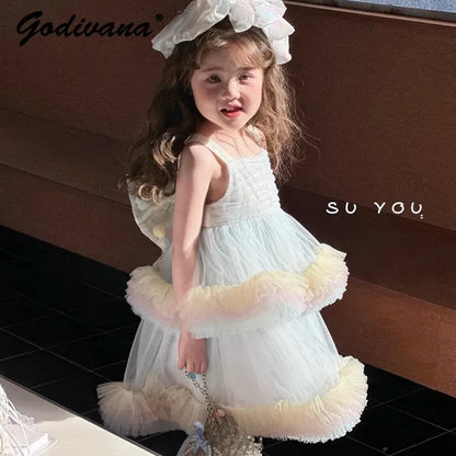 Sweet Baby Girls Elegant Rainbow Gradient Tutu Princess Cake Sundress Kids Tulle Ruffle Trim Puffy Birthday Party Casual Gown