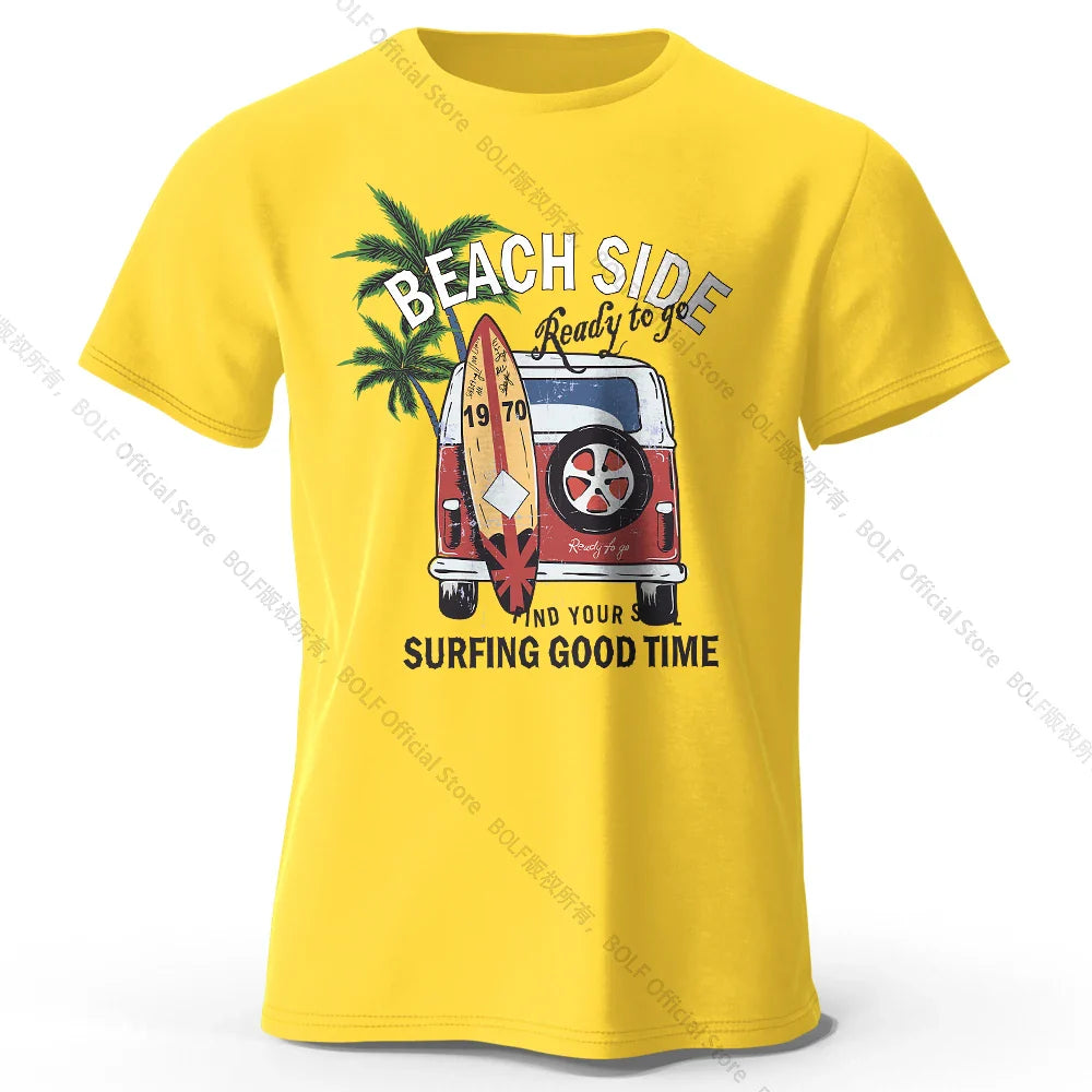Vintage Surf Badge Printed Unisex Men Women T-Shirt Tees Tops 100% Cotton Retro Wave Graphic Beach Club Wear