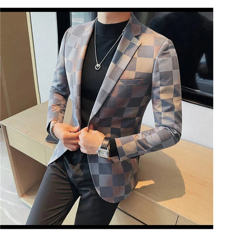 British Style Luxury Plaid Suit Jacket 2025 Spring New Men High-end Business Slim Blazers Groom Wedding Social Party Dress Coats