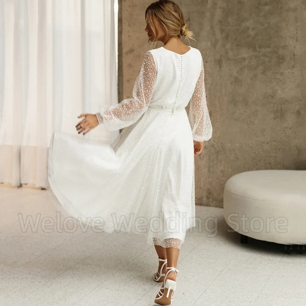 Chic V-Neck Lantern Long Sleeve Wedding Dress Tea-Length A-Line Pleat Bride Civil Marriage Register Customized Bridal Gowns