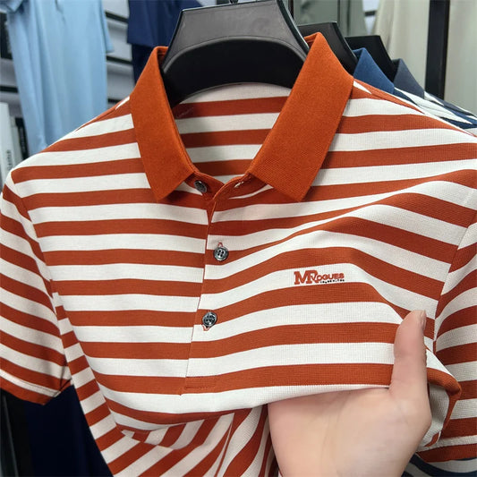 Luxury brand striped color blocked short sleeve polo shirt exquisite letter embossed men's casual lapel top comfortable T-shirt