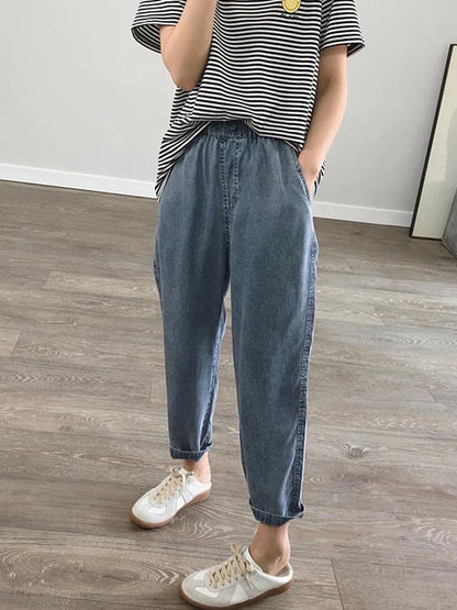 Summer Plus Size Jeans Woman Casual Loose Baggy Denim Harem Pants Elastic Waist Thin Cotton Mom Jeans Women Ankle-Length Slacks