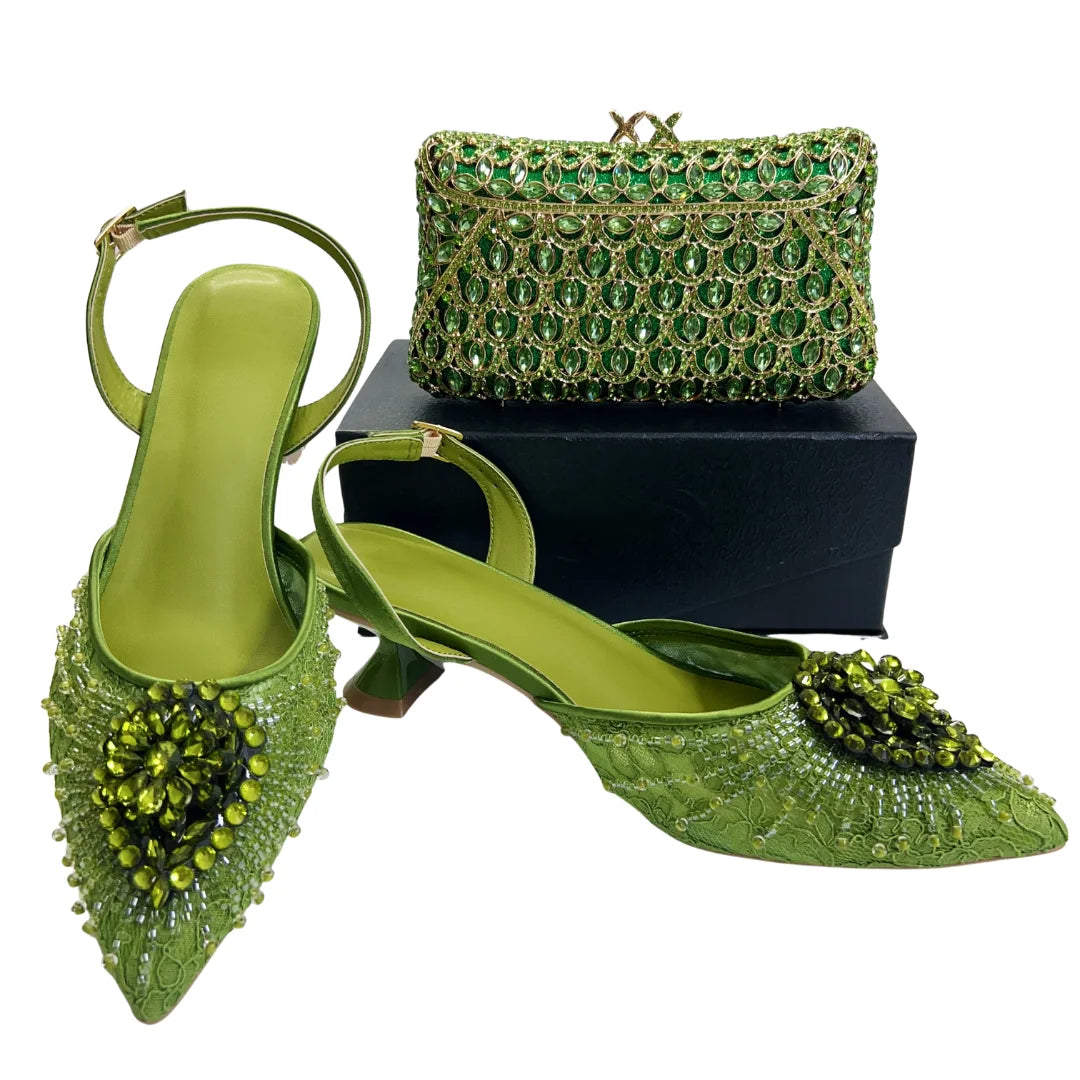Italian Designer Evening Shoes With Clutch Bag Set for African Wedding and Bridal Occasions Lace Embroidered Beads Women's Shoes