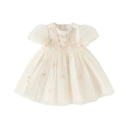 Children's Princess Dress for Girls 2025 New Summer Floral Puff Sleeves Mesh Charm Noble Cute Sweet Party DB2240549