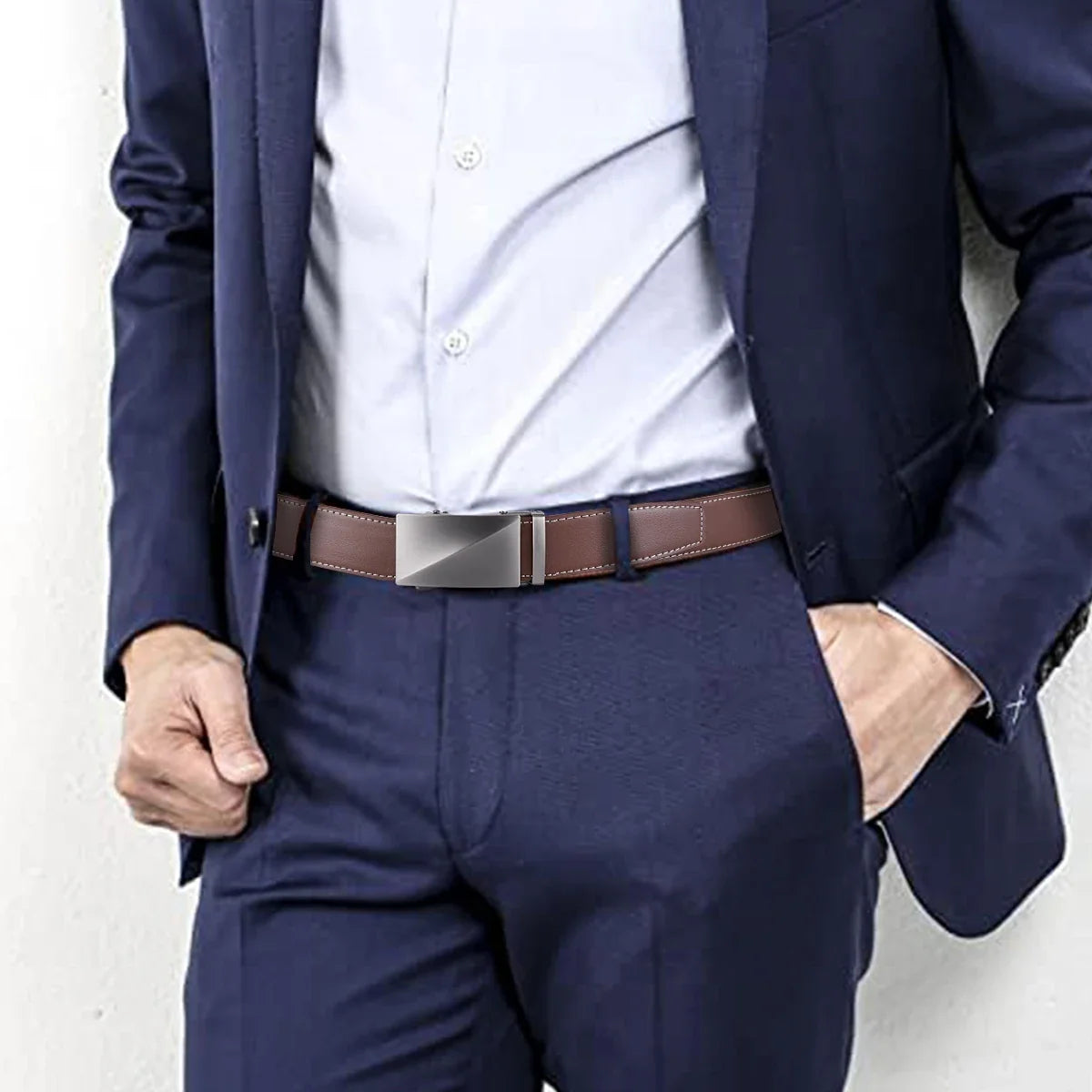 Men's Cowhide Belt, Business Casual Smooth Belt, Coffee Brown Genuine Leather Automatic Blue Middle-Aged Pants Belt