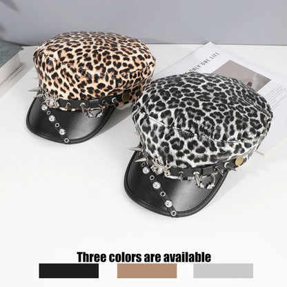 Sweet cool Spice Girl style riveted spider hoop PU leather newsboy hat Y2K fashion trend shopping face small beret
