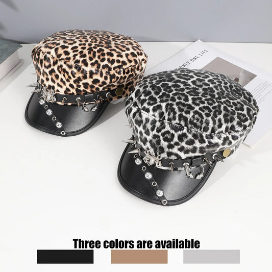 Sweet cool Spice Girl style riveted spider hoop PU leather newsboy hat Y2K fashion trend shopping face small beret