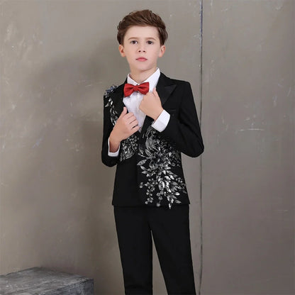 Exquisite Sparkling Boys Suits 2 Pieces Piano Performance Outfit,Black Elegant Kids Suit Set For Party,Peak Lapel Tuxedo On Sale
