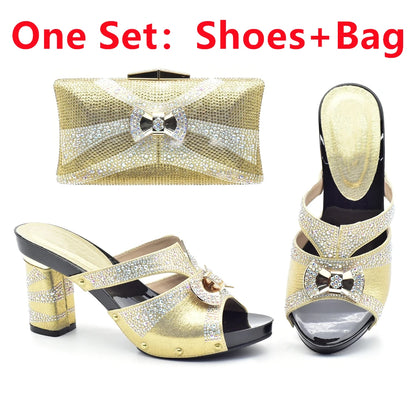 Latest Red Color Italian Ladies Shoes and Bag Sets Decorated with Rhinestone African Matching Shoes and Bags Italian In Women