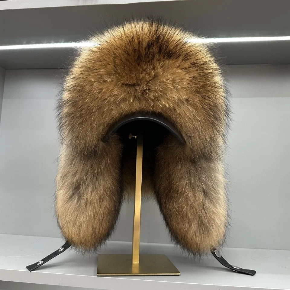 100% genuine fox fur ear-protecting hat Men real raccoon fur bomber hat Women winter warm fur real sheep leather snow hat