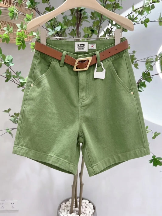 High Waist Wide Leg Jeans Green Matcha Women's Summer Loose Slimming Shorts Versatile Cotton Stretch Denim Casual High Waist