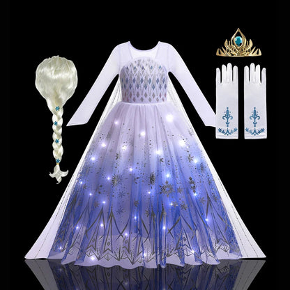 2PCS LED Light Up Snow Queen Costume for Kids Girl Elsa Birthday Party Luxury Princess Cosplay Children Carnival Clothing Outfit