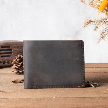 Men Handmade Crazy Horse Leather Wallet Men's Casual Simple Horizontal First Layer Cowhide Short Genuine Leather Clutch