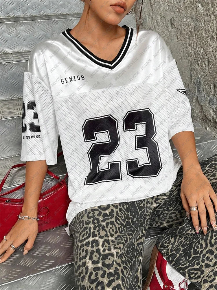 Number 23 TShirt For Men Women Summer Oversized V-neck Black Tee Harajuku Trend Short Sleeve Unisex Streetwear Couple Top