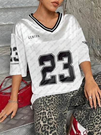 Number 23 TShirt For Men Women Summer Oversized V-neck Black Tee Harajuku Trend Short Sleeve Unisex Streetwear Couple Top