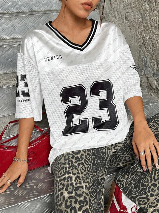 Number 23 TShirt For Men Women Summer Oversized V-neck Black Tee Harajuku Trend Short Sleeve Unisex Streetwear Couple Top