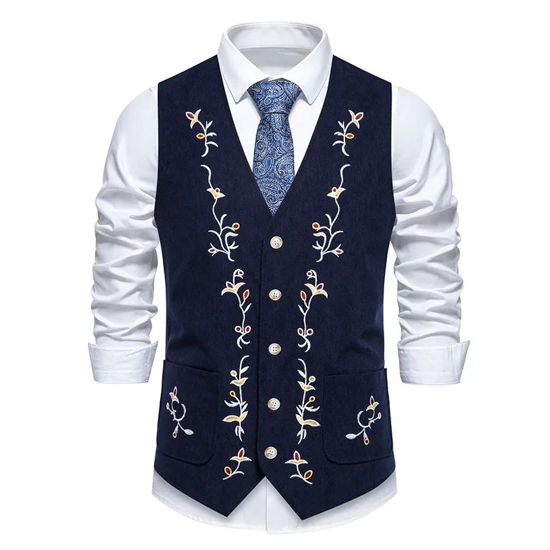 Suit Vest Man British Style Printed Single-breasted Male Waistcoat Slim V-neck Sleeveless Pocket Versatile Men Vest