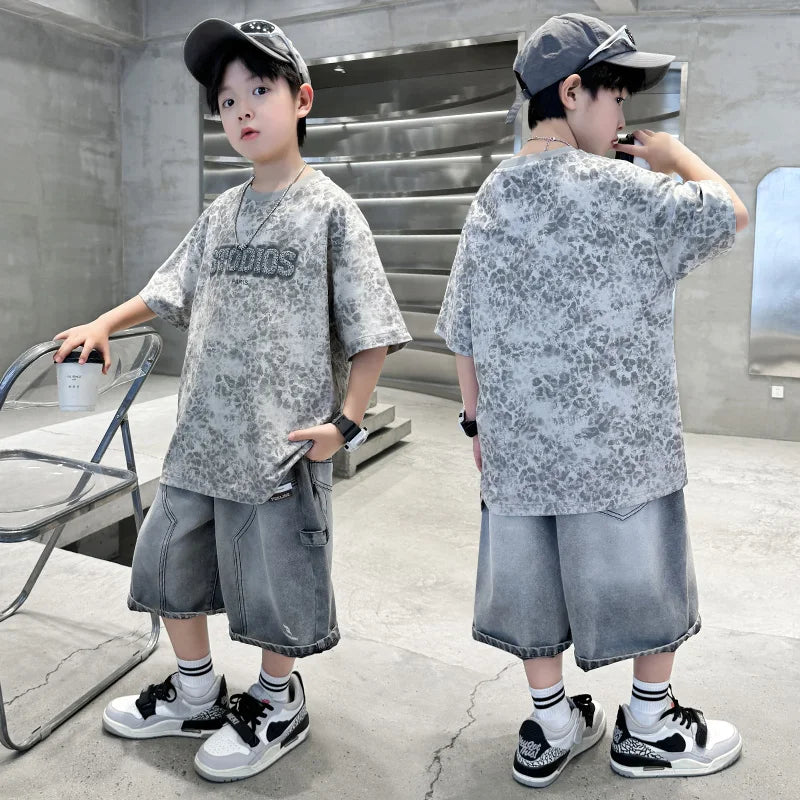 Baby Child Summer Cotton Suit With Shorts for Boy Leopard Print T-shirt + Denim Shorts Top and Bottom Clothes Set For Kids 2-14Y