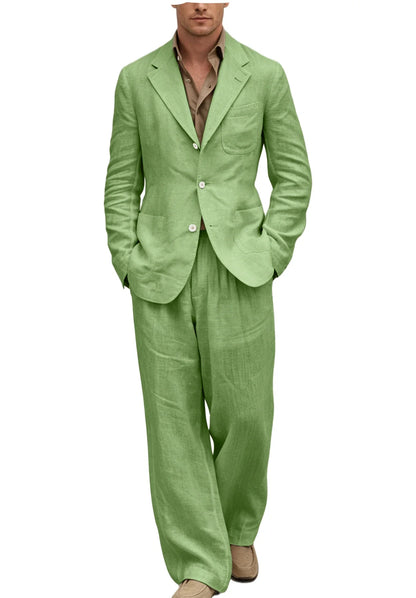 Men's Linen Suit 2 Pieces Set Casual Blazer & Wide Leg Pants Notch Lapel Breathable Wedding Business Party Jacket Tuxedo Summer