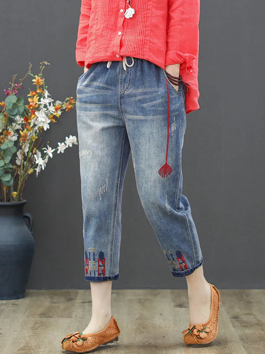 Fashion Summer Ladies Ripped Loose Jeans Womens Leisure Embroidery Denim Trousers Vintage Females Elastic Harem Pants