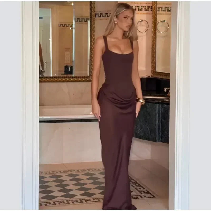 Sexy Square-neck Halter Long Dress Women 2025 Pleated Sleeveless Backless High Waist Bodycon Dresses New Summer Lady Party Gowns