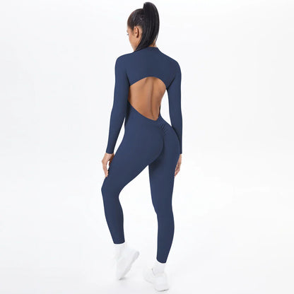 Solid Color Bodysuits for Woman's Backless Long Sleeved Zipper Yoga Jumpsuits High Dtrength Workout Sports Fitness Clothing Set