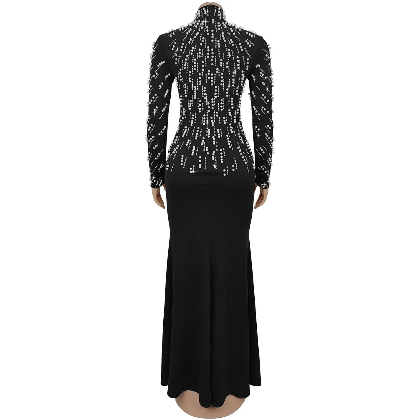 Temperament Elegant Party Diamond Pearl Long Bodycon Dress Women O Neck Long Sleeve Glitter Club Evening Black Sheath Maxi Dress