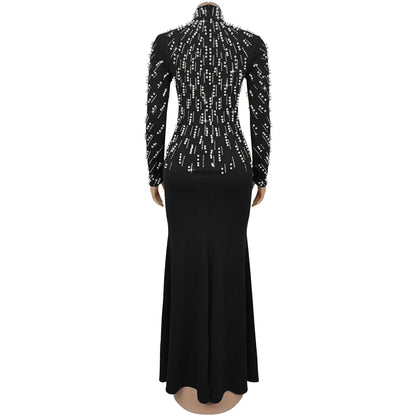 Temperament Elegant Party Diamond Pearl Long Bodycon Dress Women O Neck Long Sleeve Glitter Club Evening Black Sheath Maxi Dress